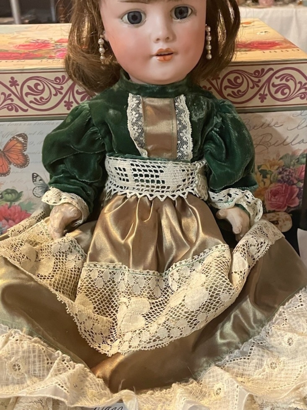 Vintage-Style Kids Doll in Green and Gold Dress - Classic Collectible